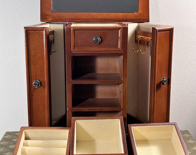 Vintage Croft & Barrow® Mahogany Jewelry Armoire, 2 Side Boxed Doors W/ Hangers, 3 Drawers, Ring Drawer, 11.5" T. 9.5" W. Free US Shipping