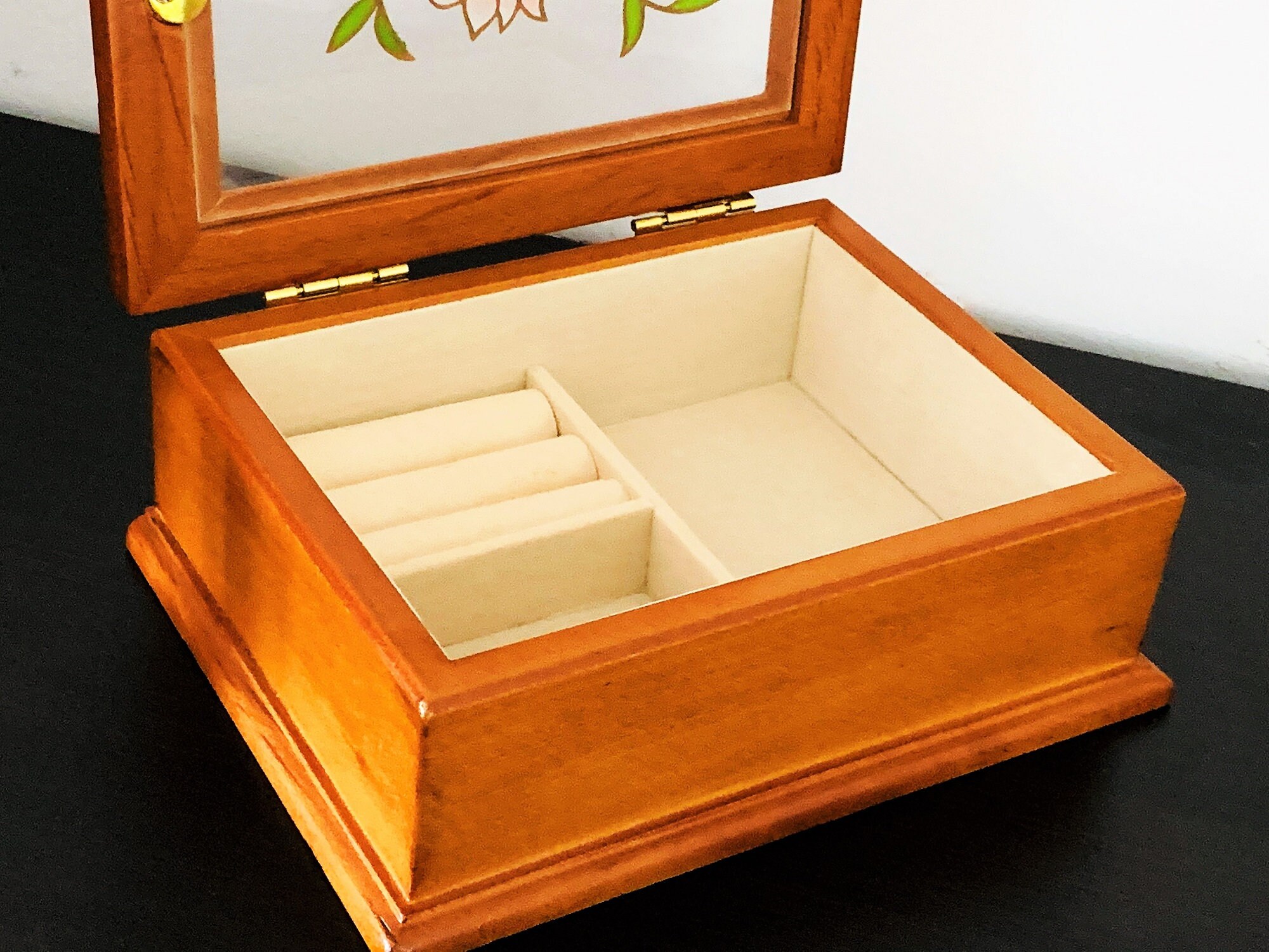 Golden Oak Jewelry Box, Hinged Lid W/ Stained Glass Window, Carved