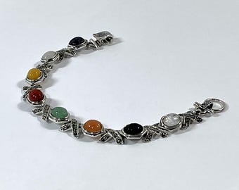 Vintage 1980's Sterling Silver Marcasite Scarab Bracelet. 8 Natural Gemstone Carved Scarabs 9X7mm. 25.90 Grams. Refinished, Free US Shipping