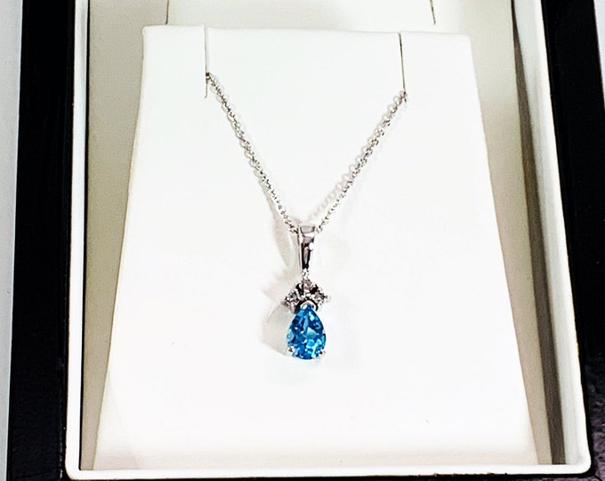 14K White Gold Swiss Blue Topaz & Diamonds Necklace, Top Quality Gem 1.10 Carats. 5X7 mm, 3 Round Diamonds, 18" Rolo Chain. Free US Shipping