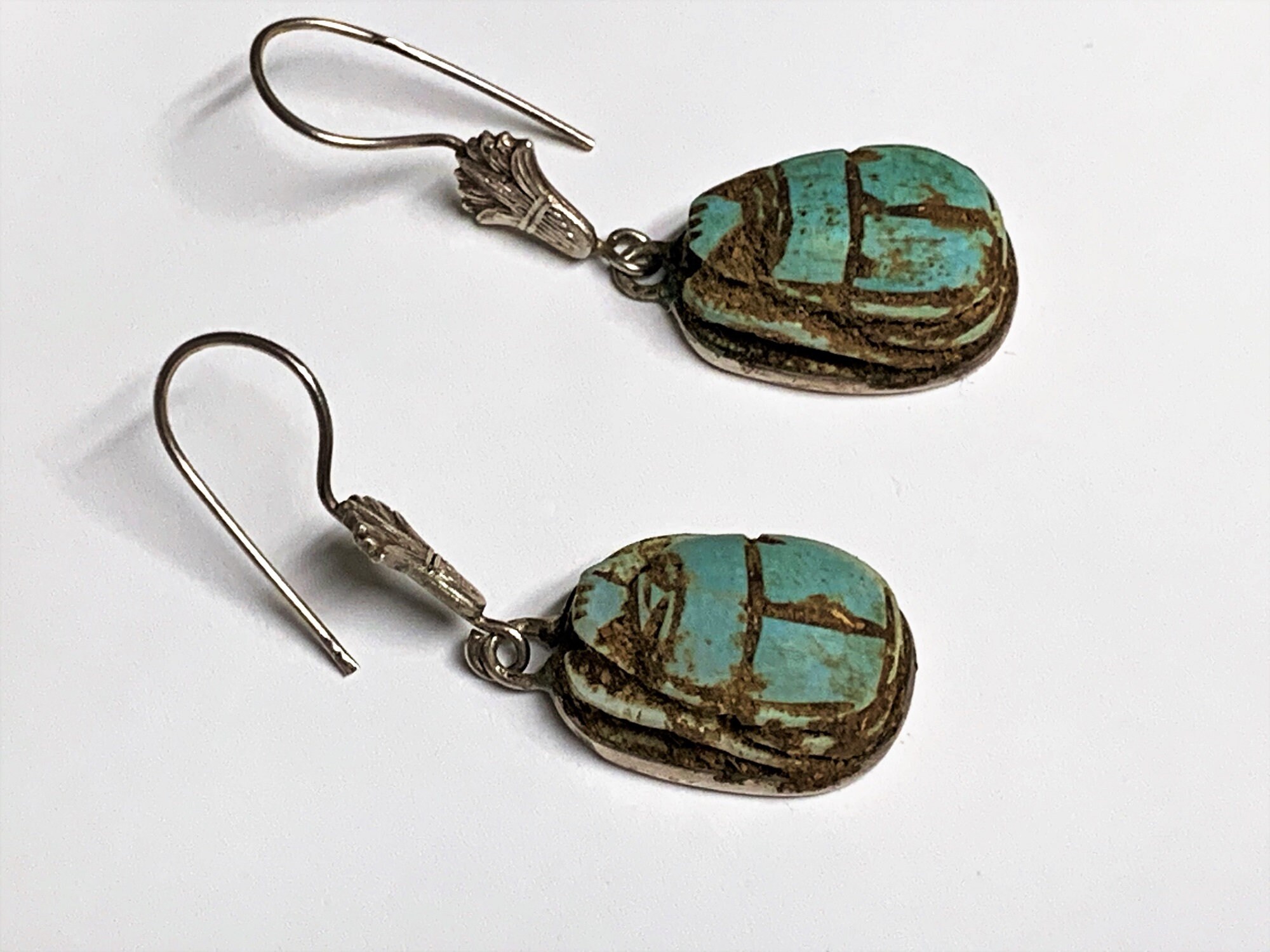 Vintage Ancient Egyptian Faience Scarabs Dangle Earrings, Hand Made