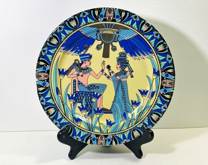 Vintage Egyptian Fine Porcelain Plate with Wood Stand, King Tut's Throne Scene, 10" Diameter, Colorful Mint Condition, Free US Shipping