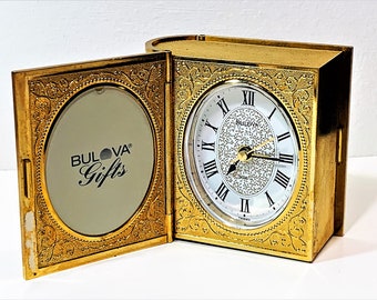 Vintage Bulova Travel Alarm Clock B1620, Book Shape, 2 Photo Frame, Victorian Patterns, Vintage Condition, Works Perfect (Serviced), 3.25"