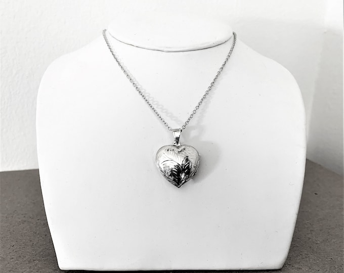 Vintage Sterling Silver Etched Heart Shape Locket with 20" Rolo Chain. Lobster Claw Clasp, 7.10 Grams. Refinished, Free Shipping