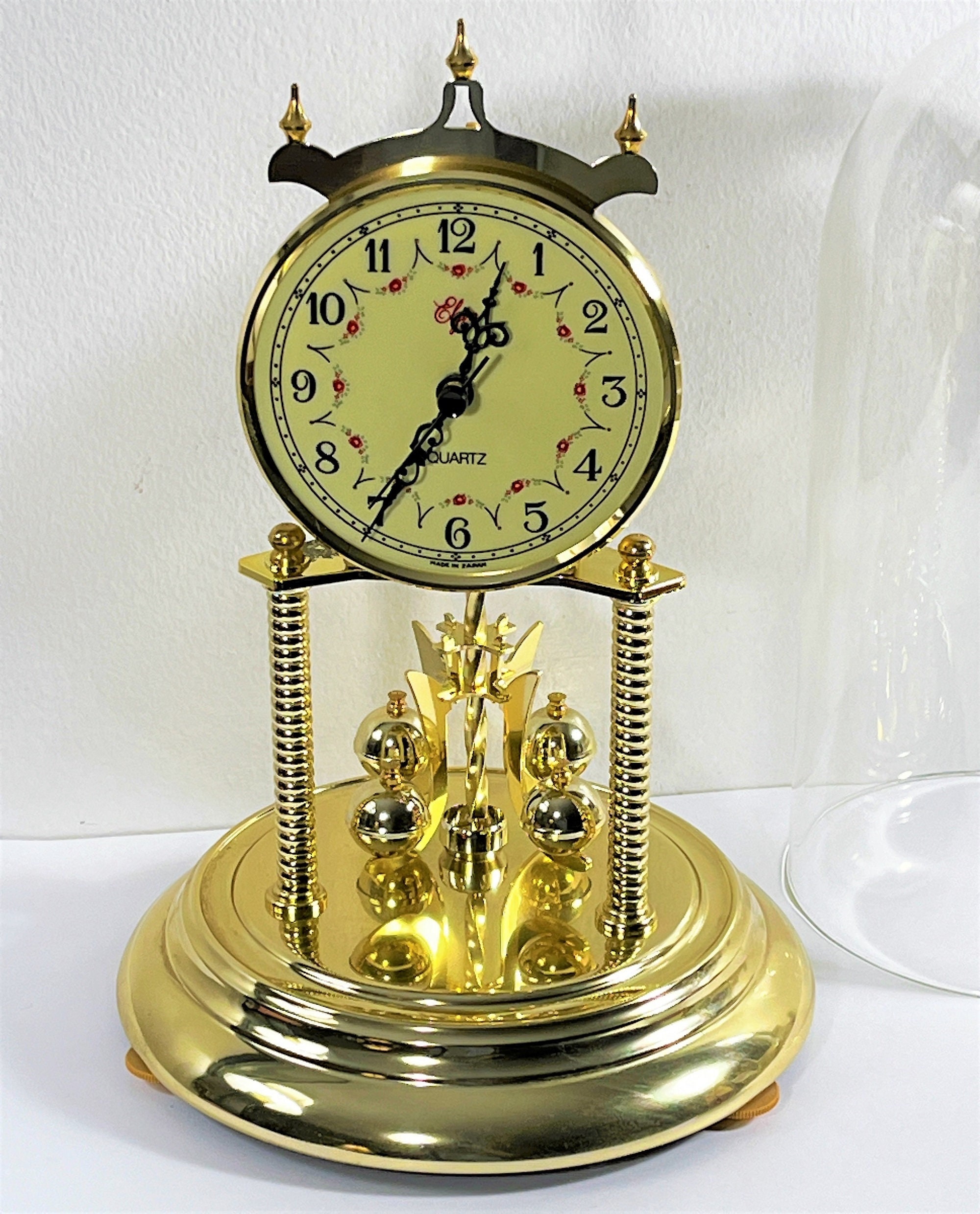 Vintage Elgin Japan Large Anniversary Clock, Glass Dome, Brass & Brass Finish, Sphere Pendulum, 11.5 T- 8 W B, Serviced, Free US Shipping Vintage Elgin Japan Large Anniversary Clock, Glass Dome, Brass & Brass Finish, Sphere Pendulum, 11.5 T- 8 W B, Serviced, Free US Shipping