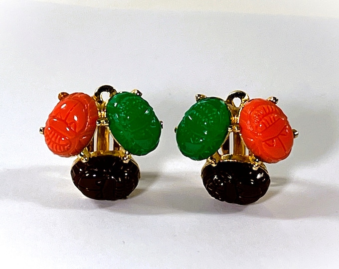 Vintage Tara® Egyptian Scarabs Earrings, Gold Clad (Plated), Clip On, Six 14X10mm Gem Colors Lucite Scarabs, Refinished. Good As Mint.