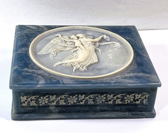 Vintage Genuine Incolay Stone Collectors Box, Carved 3D Cameo "Angel & Cherub" on Top, Signed, 7.5" W. 6.75" L. Top Grade. Free US Shipping.