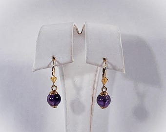 14K Yellow Gold Amethyst Dangle Earrings, 8mm Purple Amethyst Gemstone Beads,  Fleur De Lis Lever Backs, 1" long. Free US Shipping.