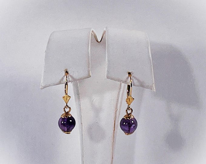 14K Yellow Gold Amethyst Dangle Earrings, 8mm Purple Amethyst Gemstone Beads,  Fleur De Lis Lever Backs, 1" long. Free US Shipping.