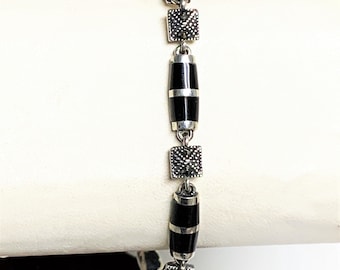 Vintage Sterling Silver Marcasite Black Onyx Bracelet, Elegant Fine Bracelet, Fold Box Clasp, 7" L. Excellent Condition. Free US Shipping.
