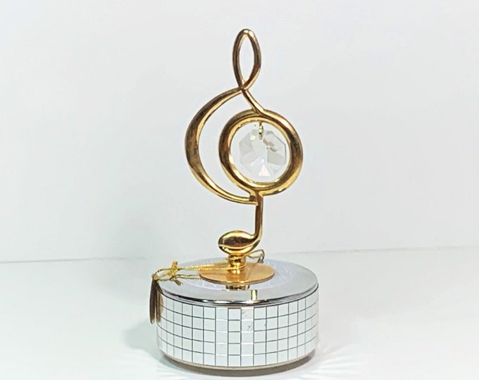MASCOT USA 24K Gold Plated Music Note Mirror Music Box W/Clear Swarovski™ Element. Plays ‘Swan Lake’. 6” T. 2.5” W. Free US Shipping.