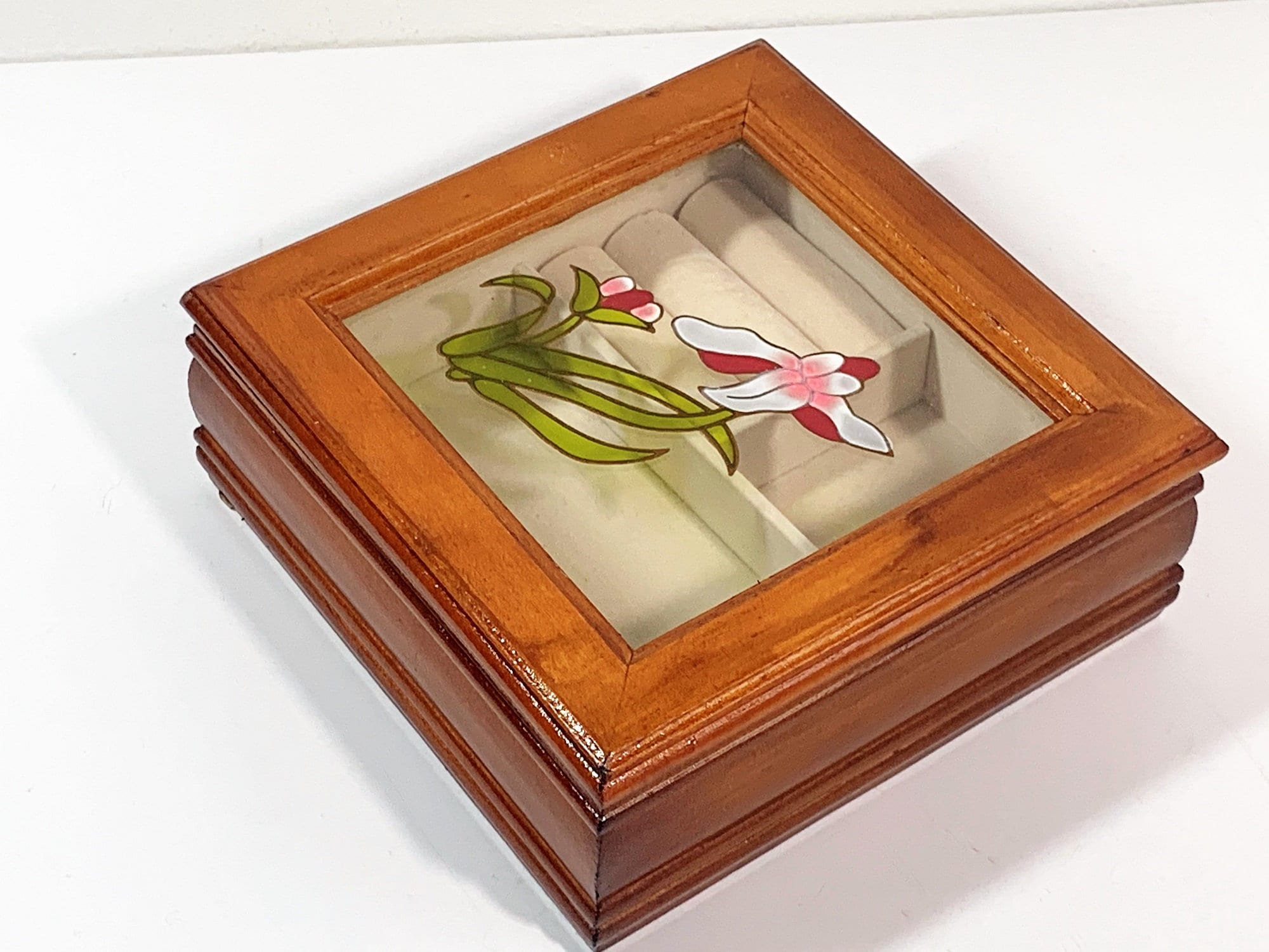 Jewelry Box, Solid Wood, Stained Glass Window Roses, Small Size 6 X 6