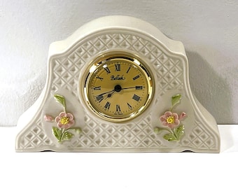 Rare Belleek™ Irish Parian Donegal China Clock, German Quartz Movement, Full Dimension Roses, 8" W. 5.25" T. Top Grade. Free US Shipping
