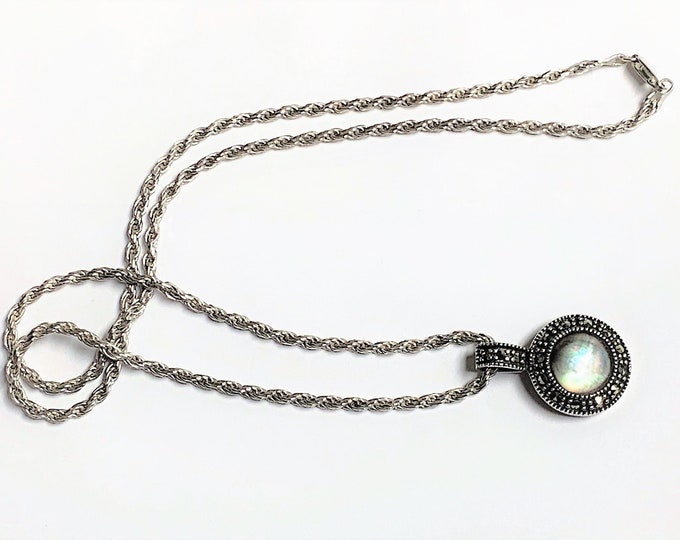 Vintage Sterling Silver Marcasite Abalone Slide, 1" drop with 18" Solid Rope Chain, Italy. 11.20 Grams, Refinished. Free US Shipping