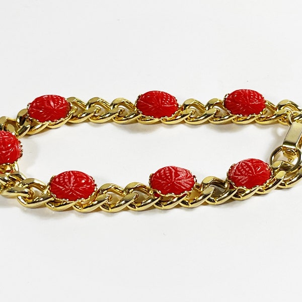 Vintage Gold Tone Scarab Bracelet, Seven Faux Red Coral Scarabs 9X7mm, 7.5" Long Curb Links. Hook & Fold Clasp. Free US Shipping.