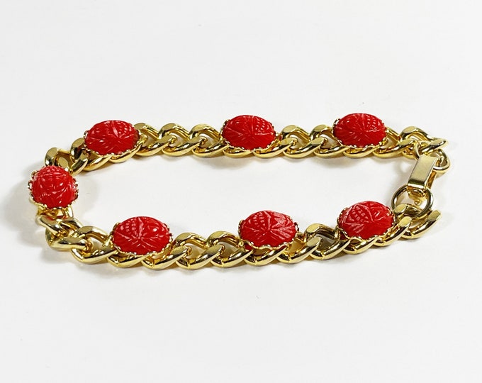 Vintage Gold Tone Scarab Bracelet, Seven Faux Red Coral Scarabs 9X7mm, 7.5" Long Curb Links. Hook & Fold Clasp. Free US Shipping.
