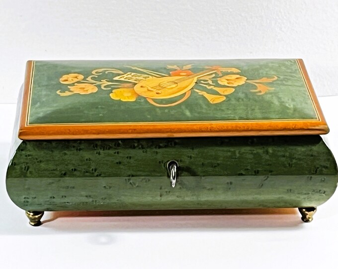 Collectible Reuge Sainte-Croix Swiss Music Box, Fine Woods Inlaid Varnished Handcrafted in Italy, 8" W. 5.25" D. Key Lock. Free US Shipping