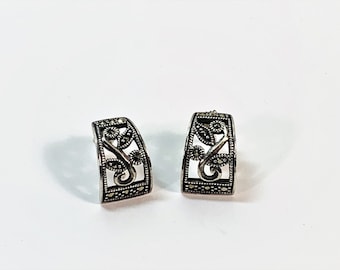 Vintage Sterling Silver Marcasite Drop Earrings. Victorian Style, 5/8" - 16mm Drop, 11mm Wide. Posts. Polished & Cleaned, Free US Shipping.