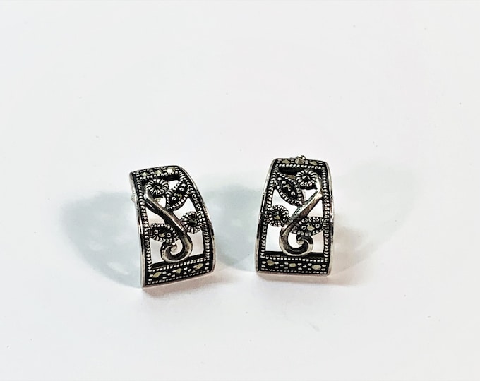 Vintage Sterling Silver Marcasite Drop Earrings. Victorian Style, 5/8" - 16mm Drop, 11mm Wide. Posts. Polished & Cleaned, Free US Shipping.