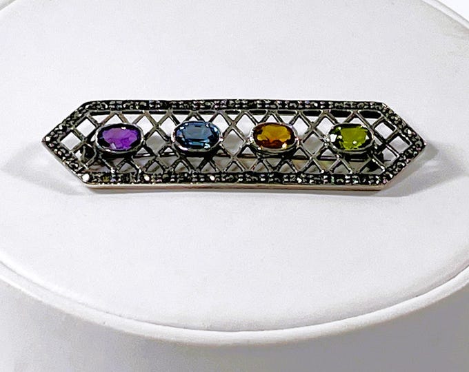 Vintage Sterling Silver Marcasite & Gemstones Brooch, Amethyst-Blue Topaz-Citrine and Peridot 7X5 mm, 2 1/2" L, 5/8" W. Free US Shipping