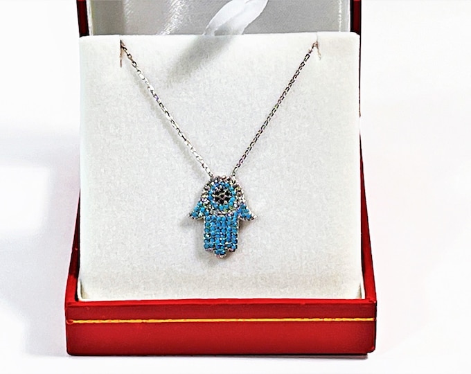 Vintage Sterling Silver Platinum, Blue Sapphire & Faceted CZ Hamsa Necklace, Signed N 925 TK, 18X15mm. 17" Chain, Free US Shipping. Nice.