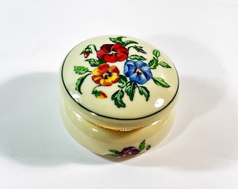 Vintage Partylite® Pansy Flowers Small Trinket Box, Hand Crafted & Painted, 3" Round, 2" Deep. Mint Condition. Boxed, Free US Shipping.