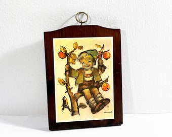 Vintage Hummel© Wood Wall Hanging Children Art Plaque, 'Apple Tree Boy' Signed, Denmark, 7.25" T. 5.25" W. Re-Stained. Free US Shipping.