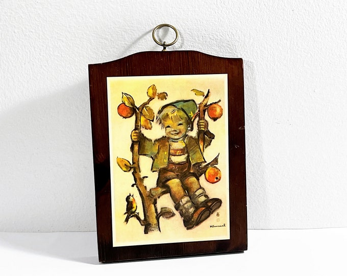 Vintage Hummel© Wood Wall Hanging Children Art Plaque, 'Apple Tree Boy' Signed, Denmark, 7.25" T. 5.25" W. Re-Stained. Free US Shipping.