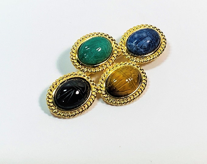Vintage Gemstone Scarab Brooch, 4 Large Scarabs 18X13mm, Gold Tone, Tiger's Eye, Onyx, Sodalite & Agate. 2 3/4" Long, Free US Shipping.