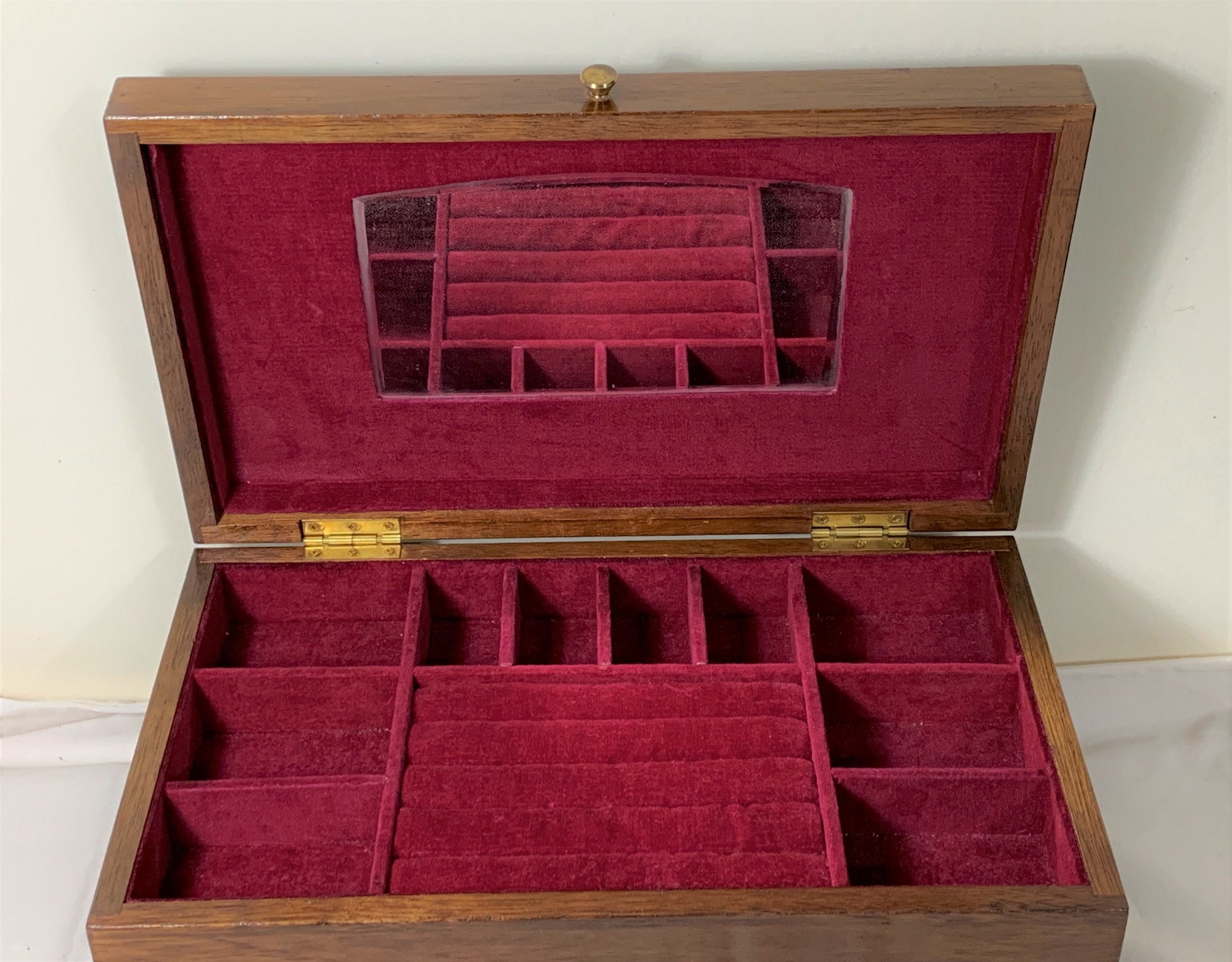 Vintage Varnished Wood Large Jewelry Box, Hinged Lid with Mirror