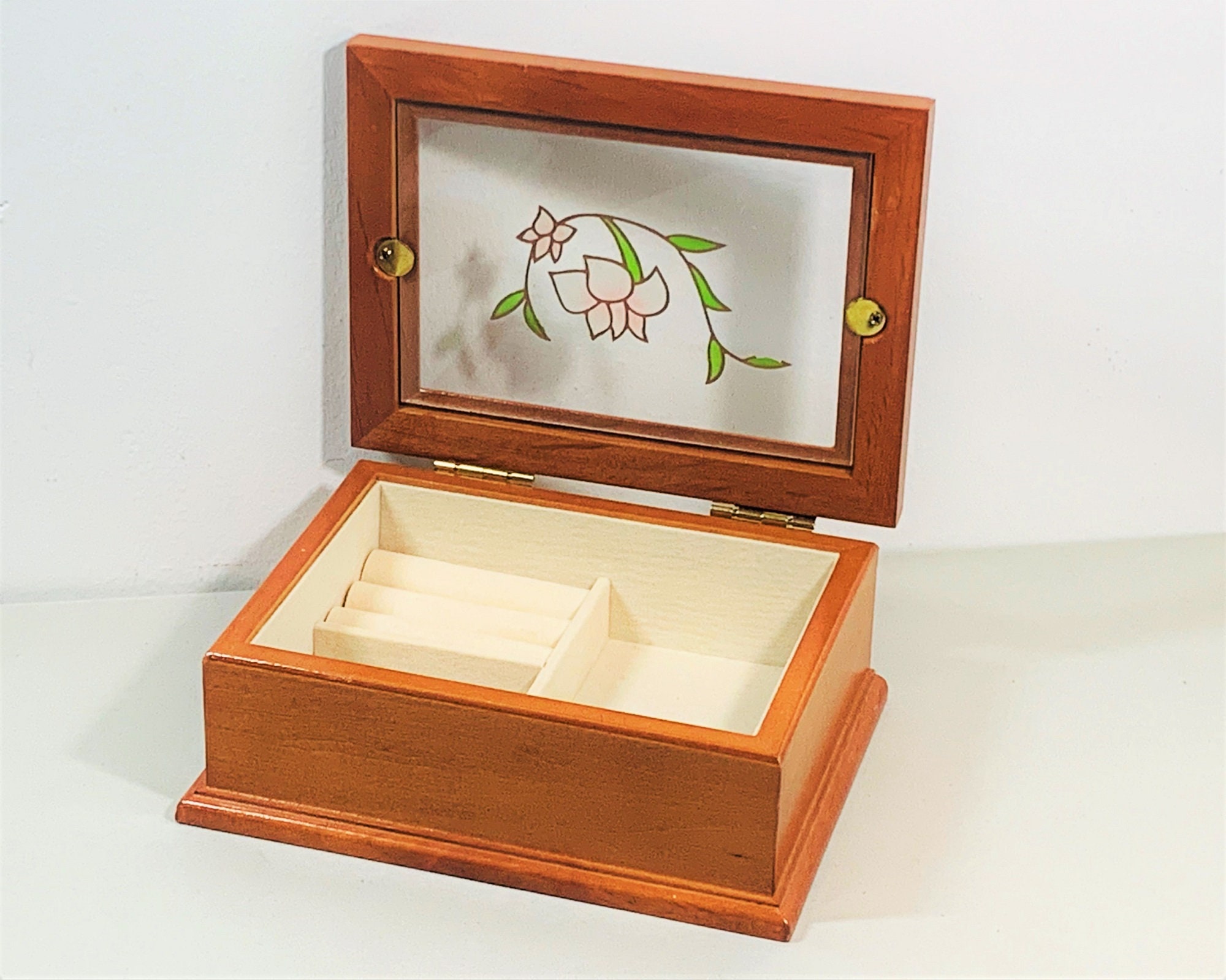 Golden Oak Jewelry Box, Hinged Lid W/ Stained Glass Window, Carved