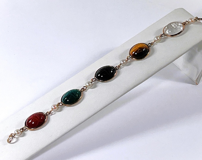 Vintage 14K Gold Filled Scarab Bracelet: Gemstone, Pearl, 1950s