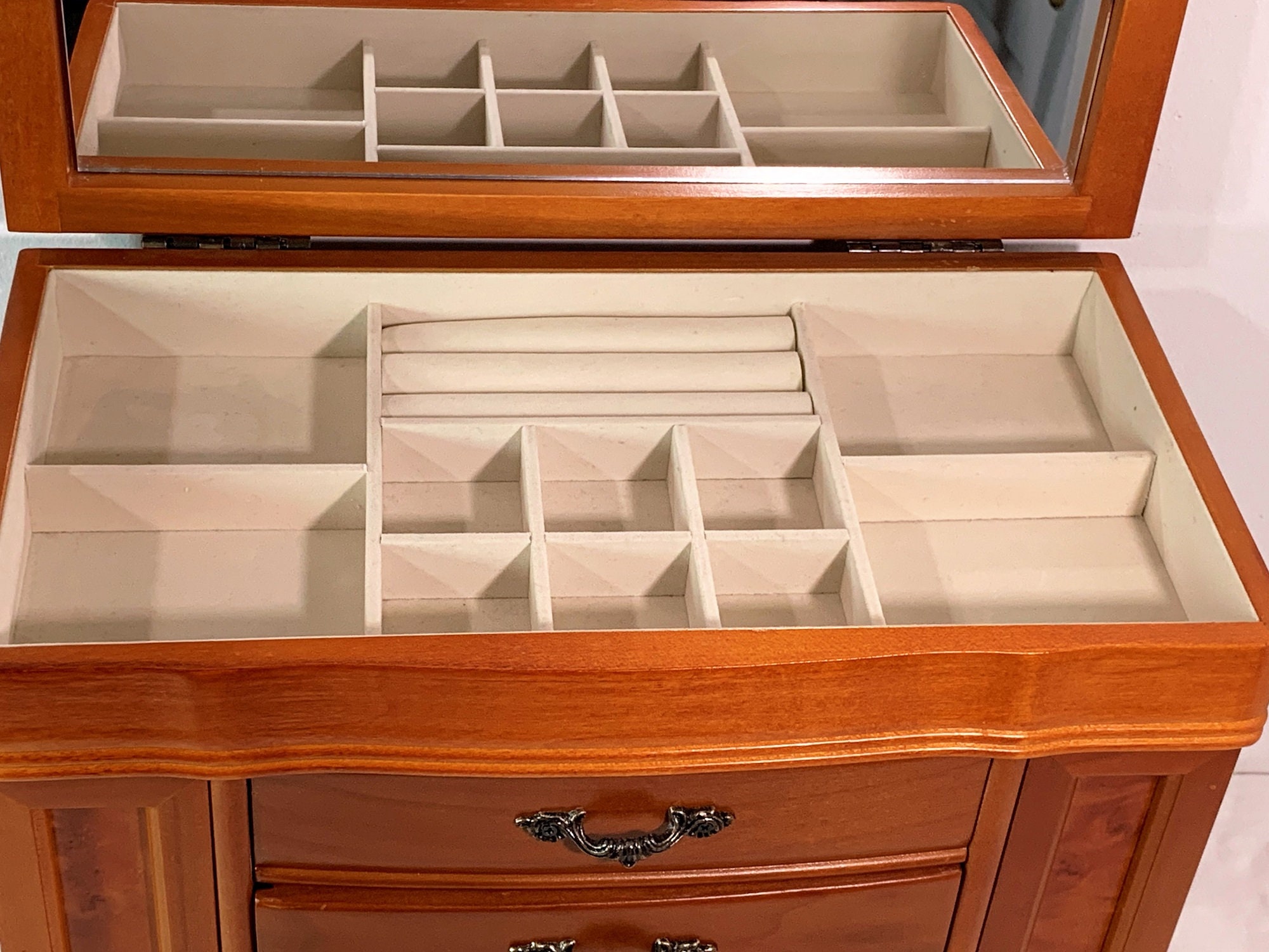 Vintage Super Large Burl Wood Jewelry Armoire, Hinged Lid W/Large