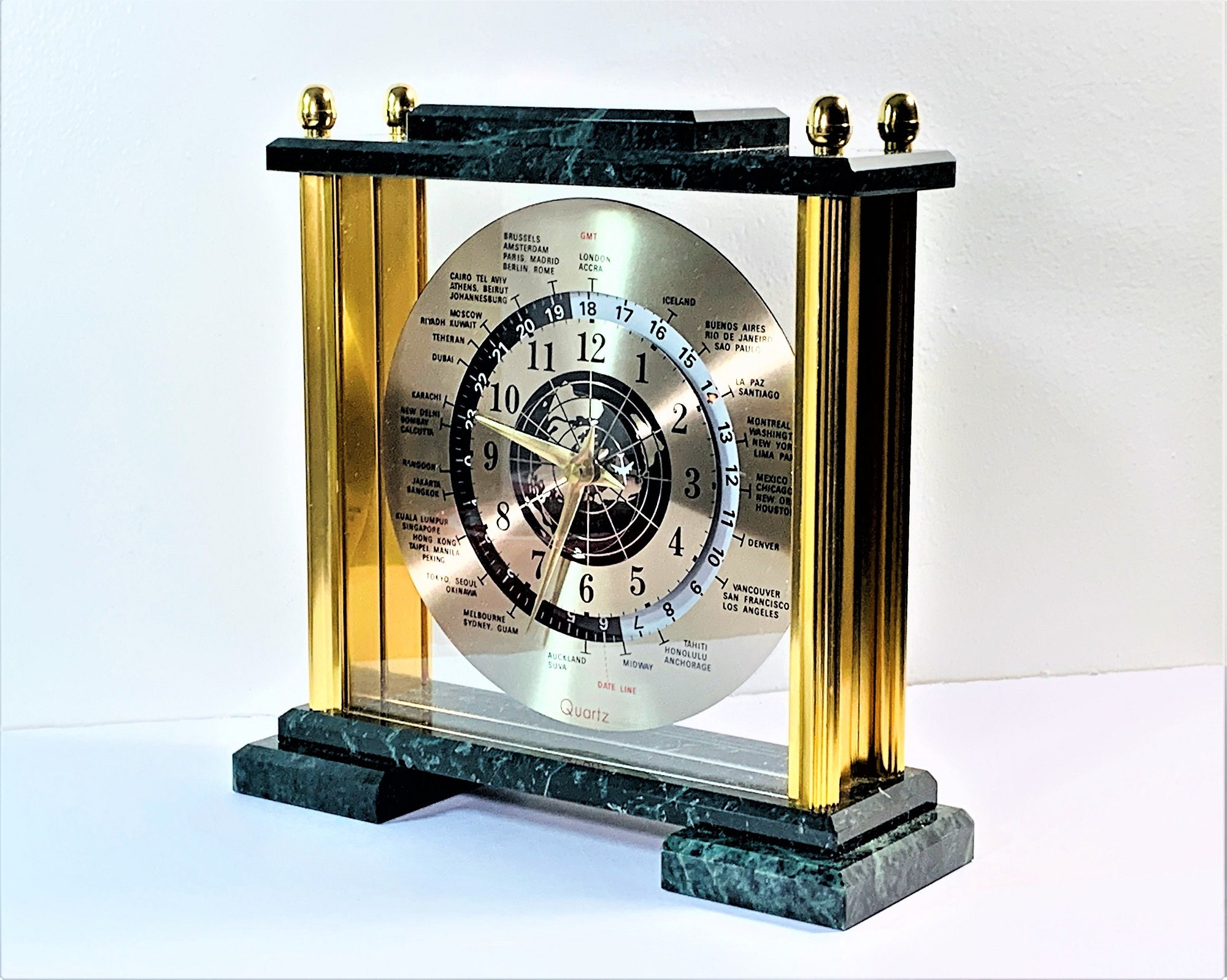 VTG 1980 The Bombay Company Classic Green Marble & Brass World Time