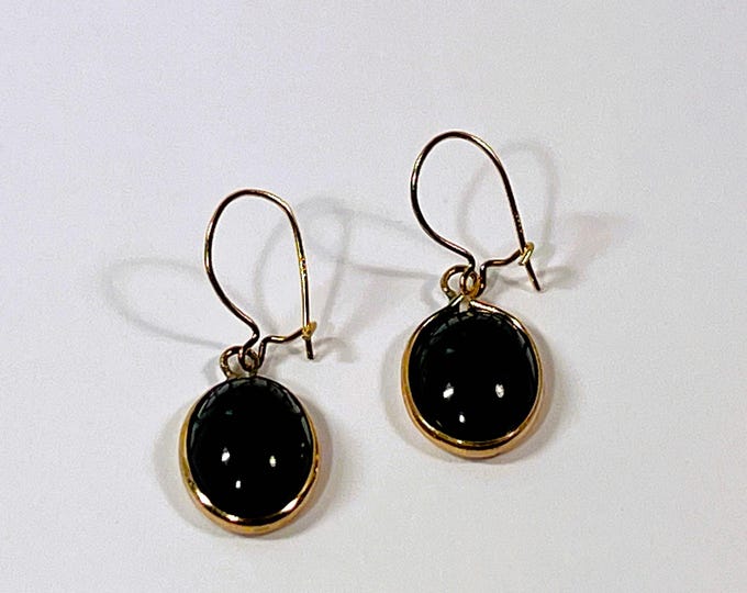 14K Solid Gold Carved Black Onyx Gemstone Scarabs Dangle Earrings, 2.90 Grams, 14X10mm Gems, 1.25" Long. French Ear Wire. Free US Shipping.