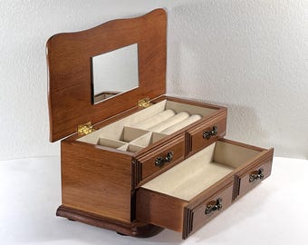 Vintage Carved Oak Jewelry Box, Hinged Top W/ Mirror, Padded Sections, Ring Slots, Drawer, 10.5" W. 5" L. 4" H, Restored. Free US Shipping