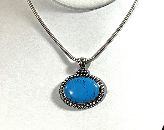 Vintage HAN™ Italy Sterling Silver & Natural Turquoise Necklace, Oval Turquoise 25X18mm, 2mm 17" Snake Chain, 21 Grams. Free US Shipping