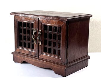 Antique Musical Jewelry Chest, Japan. "Waltz Of The Flowers" 2 Drawers, Carved Wood Screen Doors, 8.5" W. 6.5" T. Restored. Free US Shipping