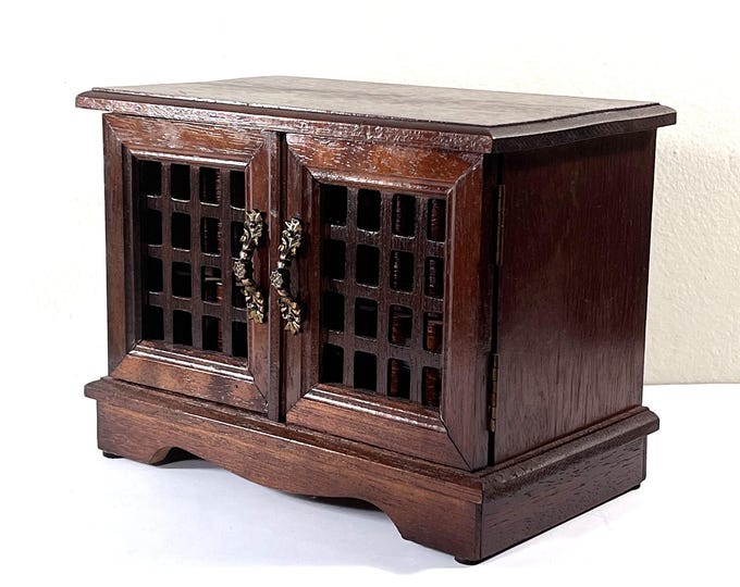 Antique Musical Jewelry Chest, Japan. "Waltz Of The Flowers" 2 Drawers, Carved Wood Screen Doors, 8.5" W. 6.5" T. Restored. Free US Shipping
