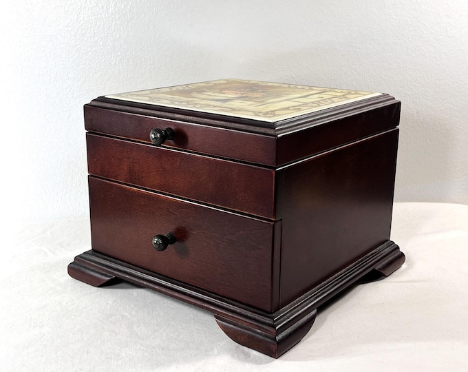 Kathryn White™ LARGE Mahogany Jewelry Box "Art In Motion"  Porcelain Plaque, Ring Section, Hangers, Pouch, Large Drawer. Free US Shipping