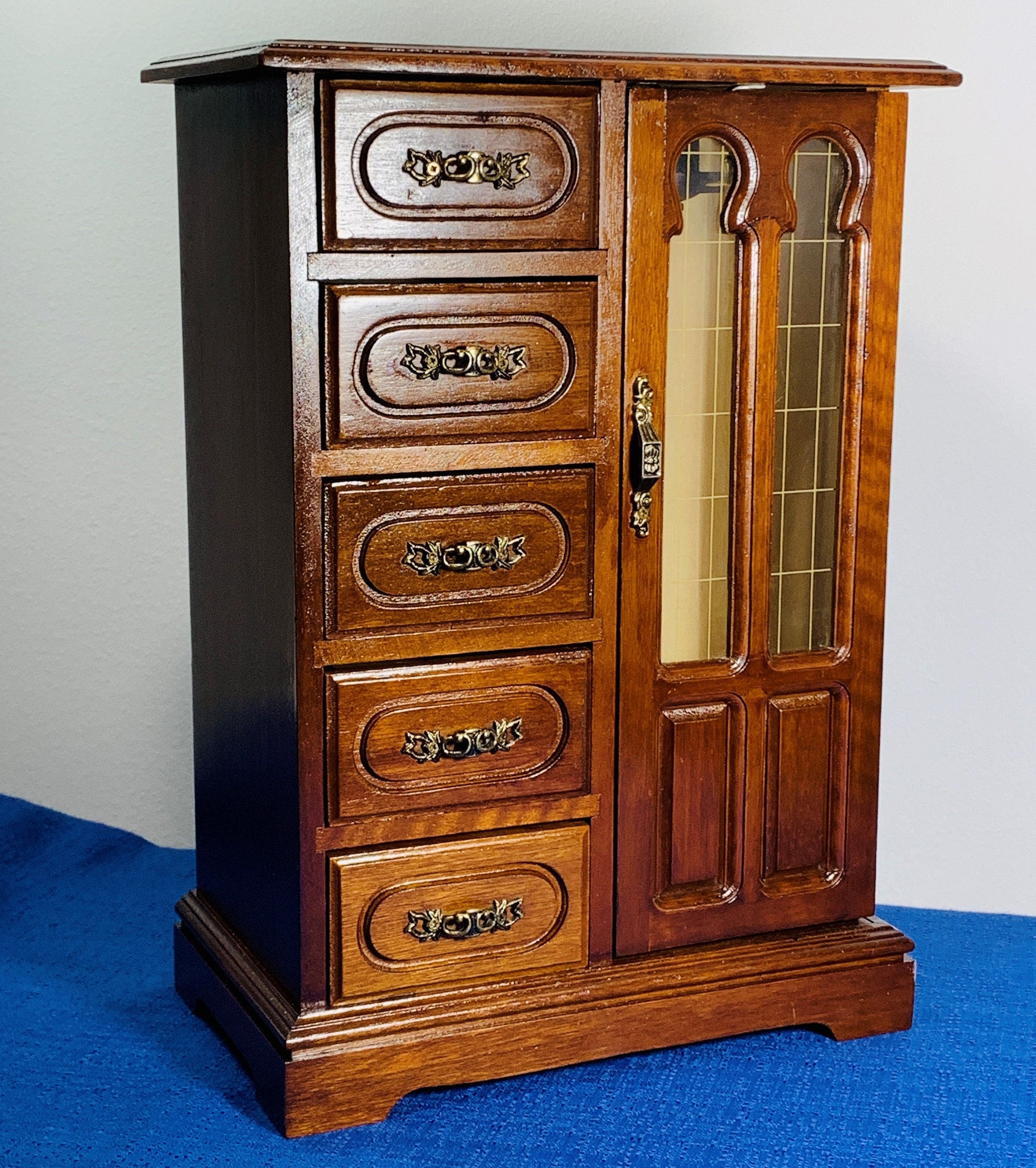Vintage Solid Wood Jewelry Armoire, Ornate Carved Door W/Rings Tray, 5