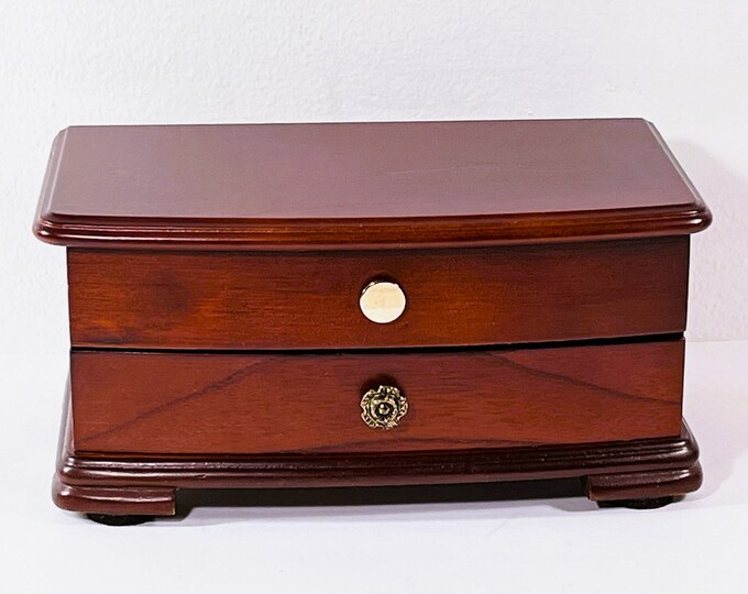 Vintage Mahogany Carved Wood Jewelry Box, Hinged Top W/ LG Mirror, Padded Sections & Drawer, 9" W. 5" L. 4.5" H, Restored. Free US Shipping