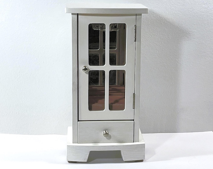 Vintage Carved Wood Jewelry Tower, French Window, Hangers, Mirror, Rings Section, Drawer. 13" T. 5.5" W. 4.5" L. Restored. Free YS Shipping.