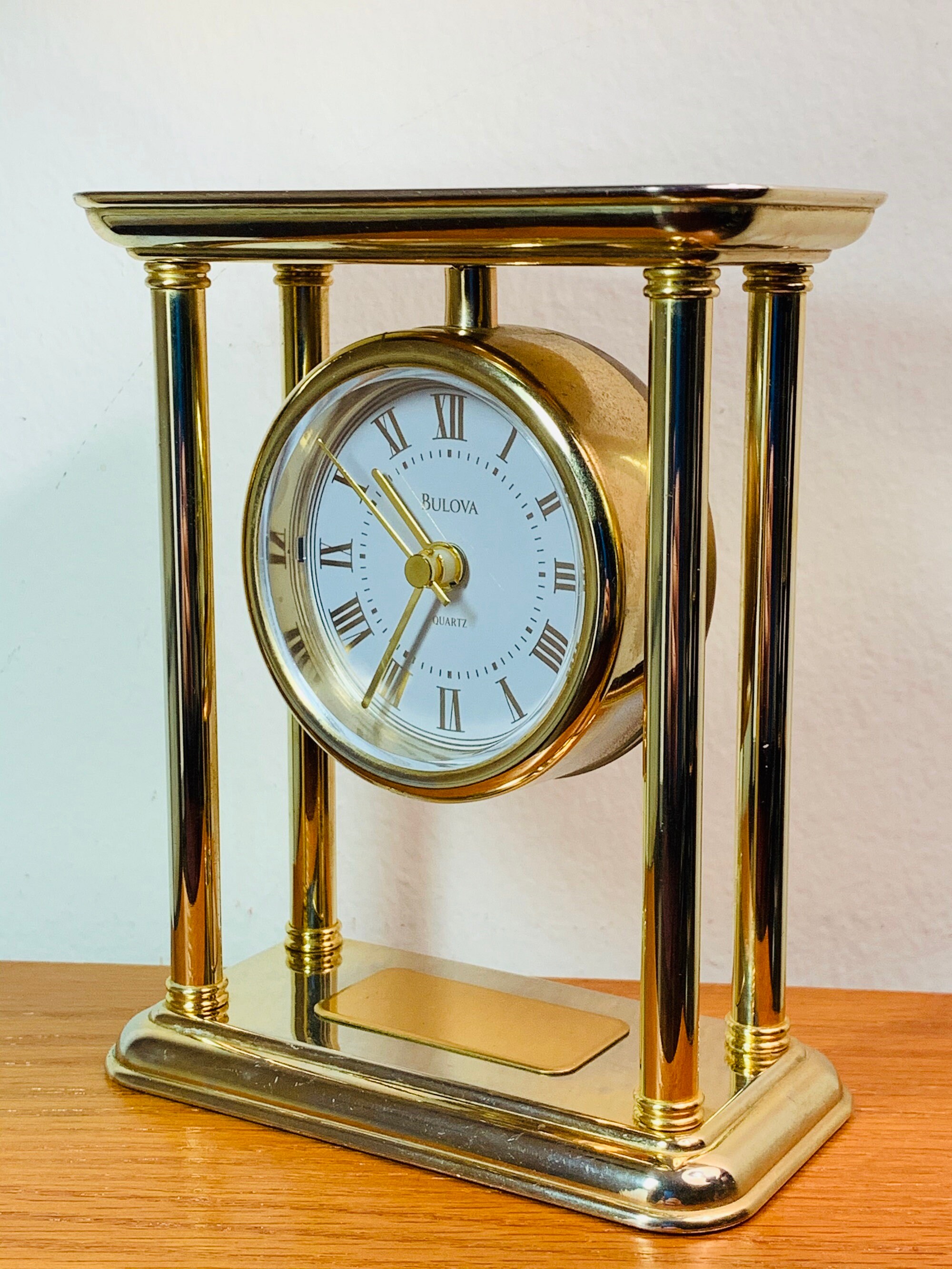 Vintage Bulova Brass B1435 Mantle Clock, Quartz Movement, Hanging Dial