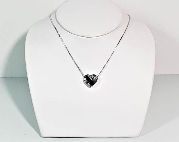 Sterling Silver Heart Slide Necklace, Black Onyx & Marcasite, 16" Box Chain, 15mm Heart, 5.70 Grams. Simply Beautiful. Free US Shipping.