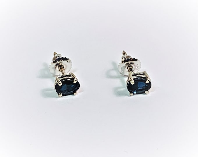 14k White Gold Blue Sapphire Studs, Natural Sapphire Gemstone T.W 1.45 carats. 6.2 X 4.2 mm, Screw Backs For Pierced Ears. Free US Shipping.
