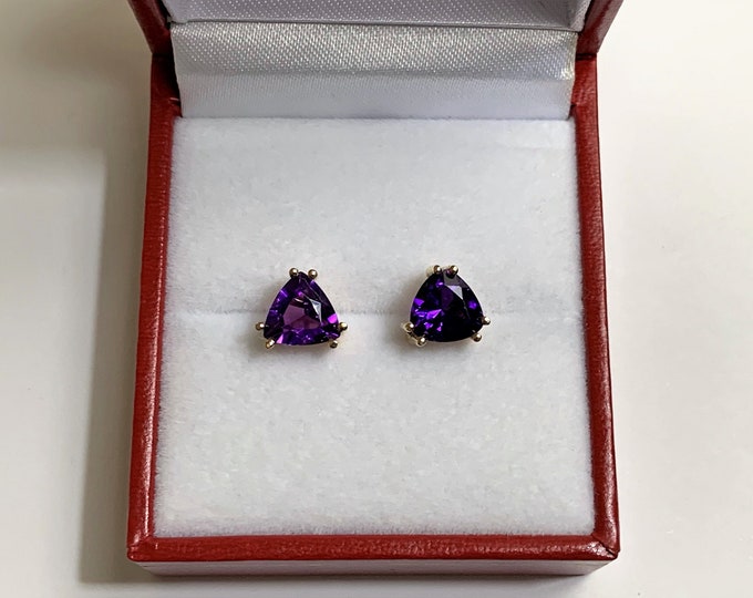 14K White Gold Amethyst Earrings, Deep Purple Trillaint Cut 5 mm, .80 Carat. Solid Setting and Backs