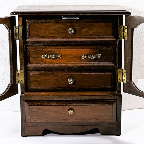 VTG 1960's Musical Carved Wood Jewelry Armoire, Mahogany & Amber Finish, Etched Glass Doors, Restored, 4 Drawers. 12" T. Free US Shipping