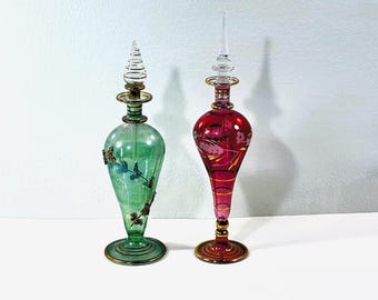 Vintage Set of Two Egyptian Hand Made - Blown Glass Perfume Bottles, Etched Patterns, Gold Leaf Accents, 7.5" & 8.8" T. Free US Shipping.