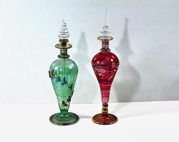 Vintage Set of Two Egyptian Hand Made - Blown Glass Perfume Bottles, Etched Patterns, Gold Leaf Accents, 7.5" & 8.8" T. Free US Shipping.